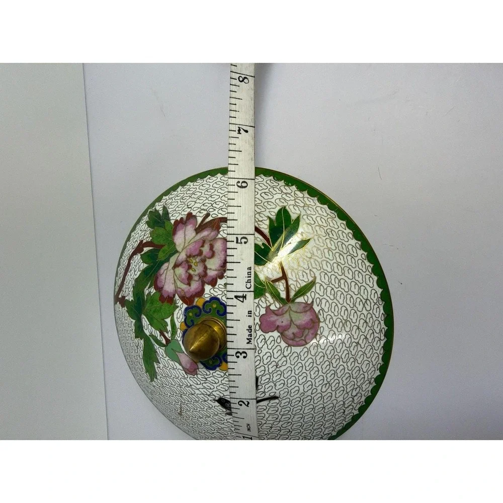 Vintage Chinese Cloisonné Lidded Bowl White Enamel‎ Birds and Peony 6-inch